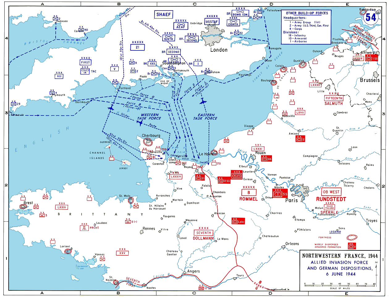 Allied invasion force map for Normandy and Operation Overlord.