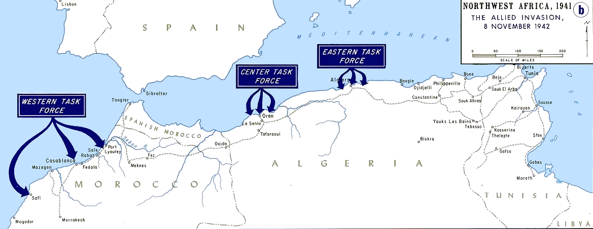Campaign map showing Operation Torch landings and North Africa operations in 1942.